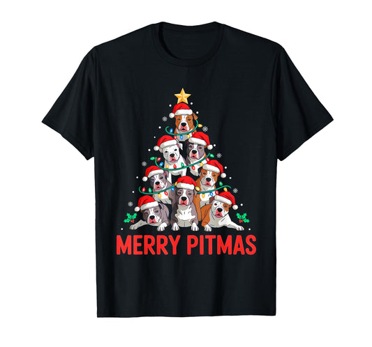 Pitbull Dog Tree Xmas Light Santa Hat Christmas Merry Pitmas T-Shirt