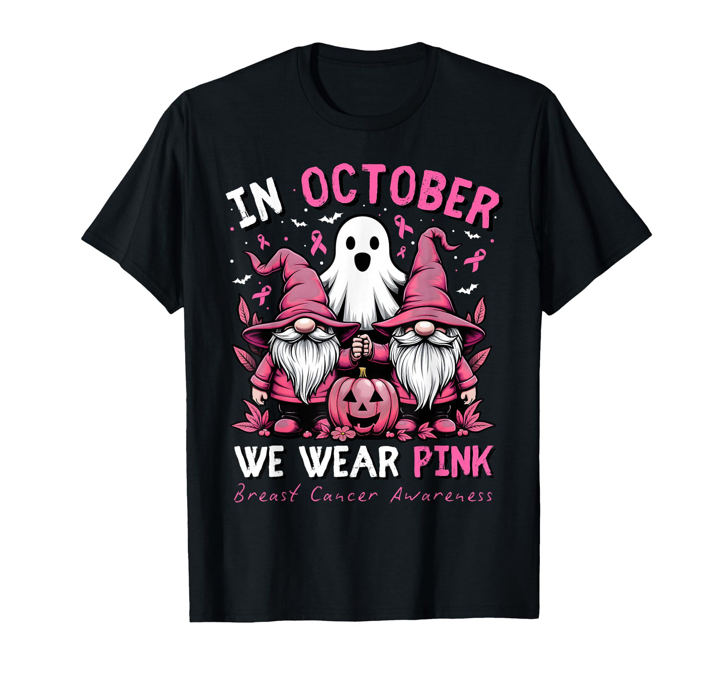 In October We Wear Pink Ghost Gnomes Breast Cancer Awareness T-Shirt