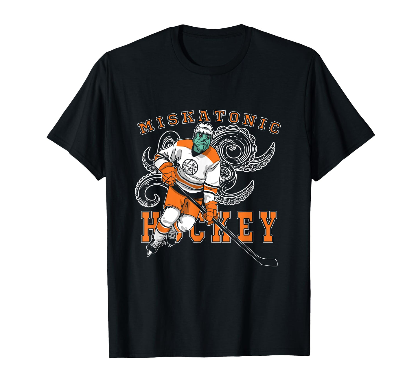 Miskatonic Hockey Sports Orange Horror Graphic On Dark T-Shirt