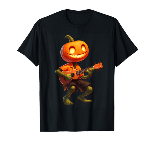 Pumpkin Face Playing Ukulele Halloween Costume Men Boys Kids T-Shirt