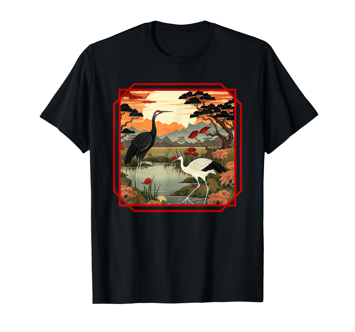 Japanese Woodblock art of a white and black cranes T-Shirt