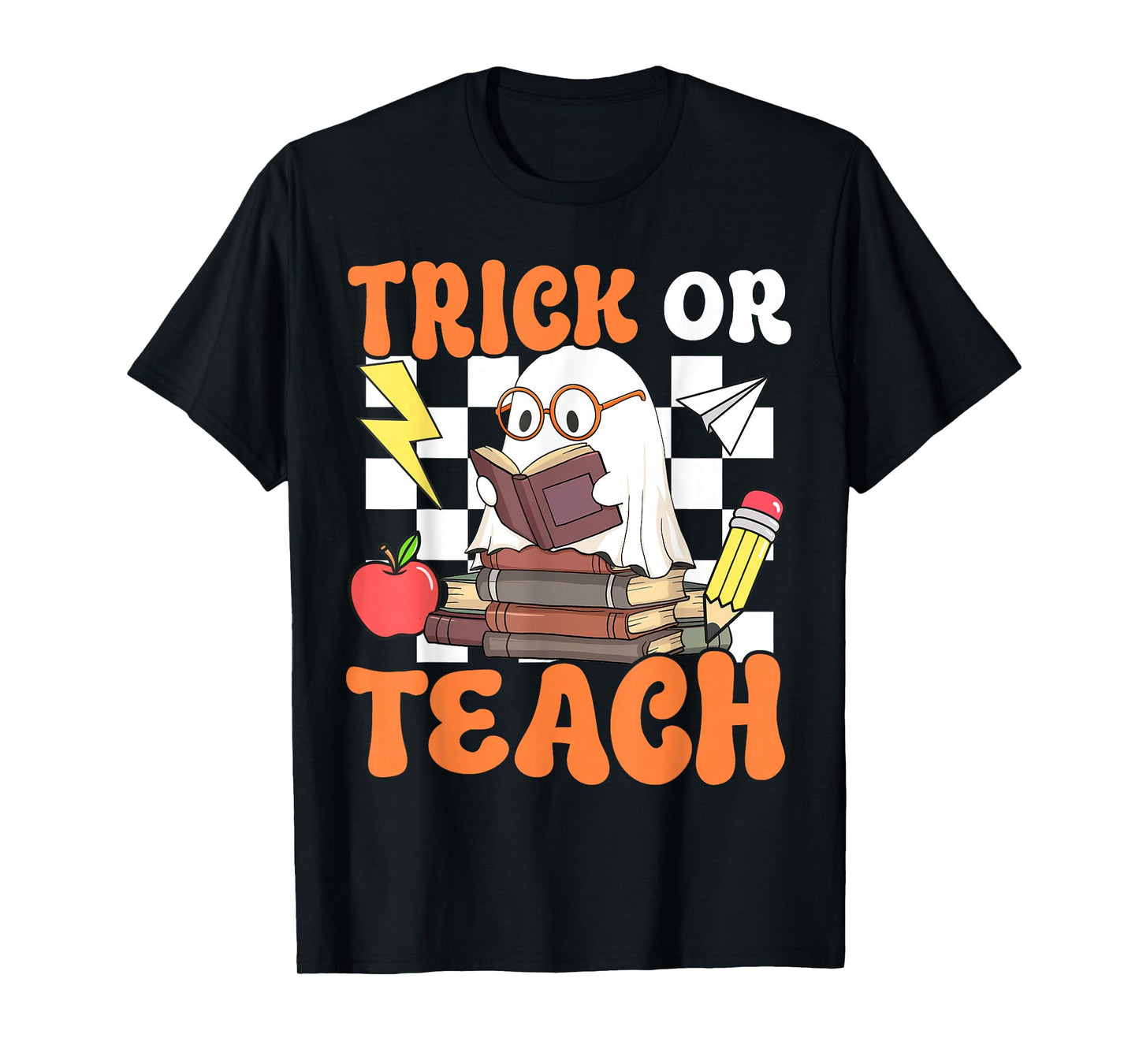 Trick or Teach Retro Halloween Teacher Reading Ghost Womens T-Shirt