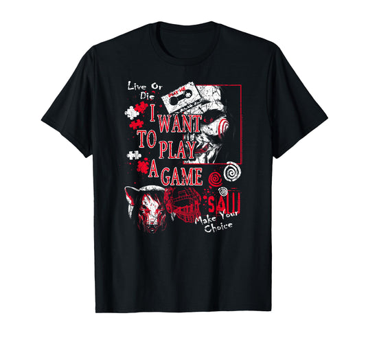 Saw I Want to Play a Game Poster Collage Horror Movie T-Shirt