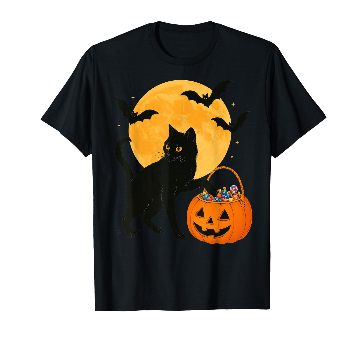 Halloween Funny Black Cat Pumpkin With Sweet Candy And Moon T-Shirt