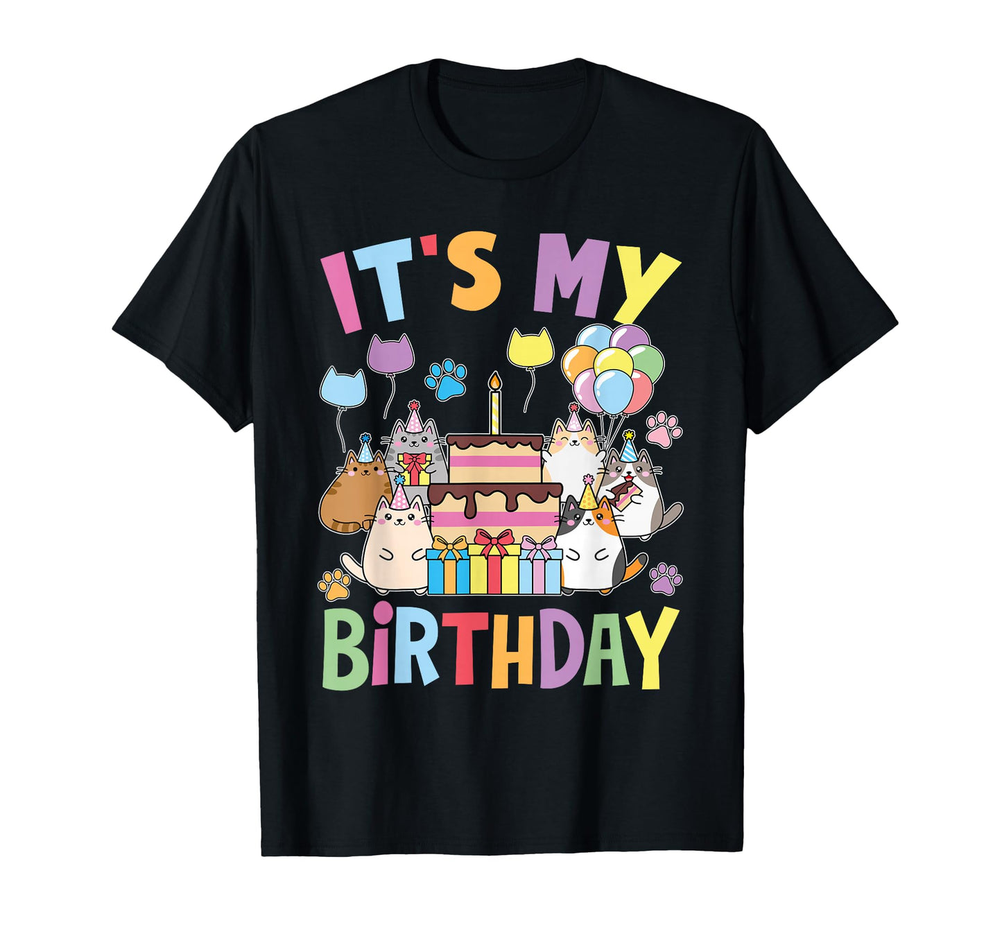 Cute Kawaii Cat Mom Dad Kids Girls It's My Birthday Party T-Shirt