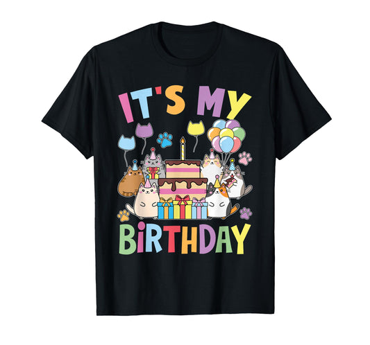 Cute Kawaii Cat Mom Dad Kids Girls It's My Birthday Party T-Shirt