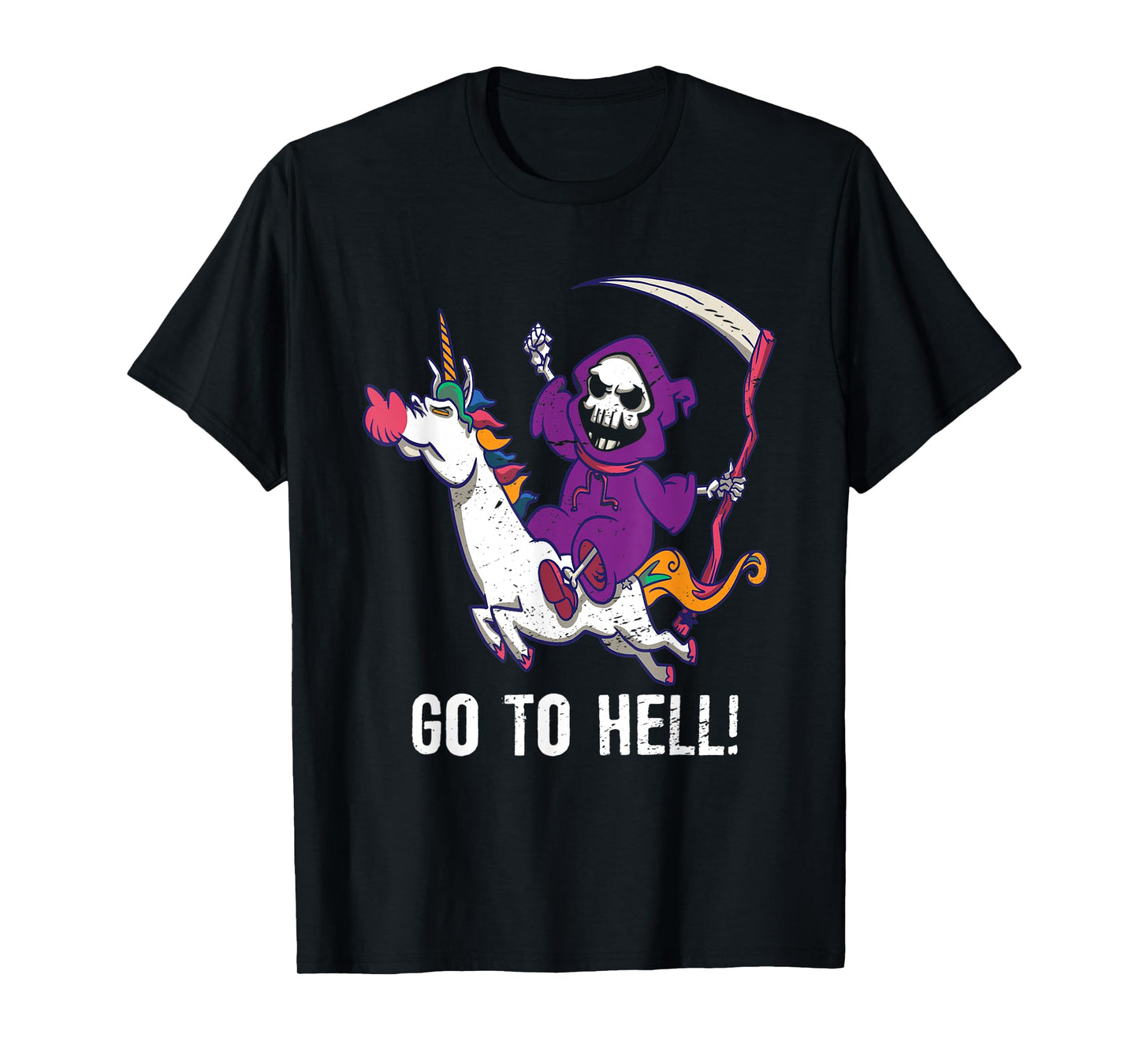 Go To Hell Spooky Grim Reaper Riding A Unicorn Skeleton T-Shirt