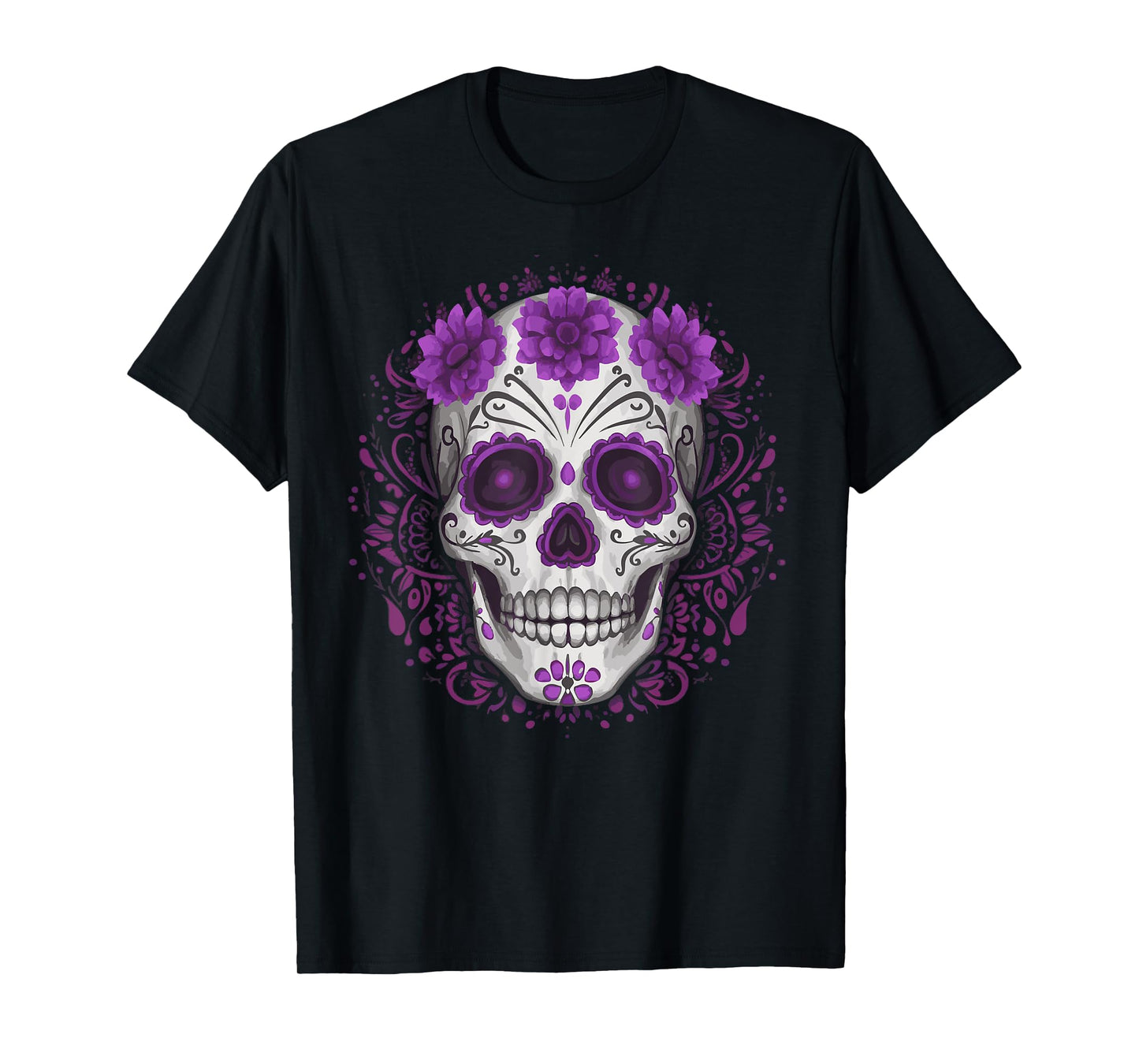 Purple Floral Black Sugar Skull Day Of The Dead Mexican Pray T-Shirt