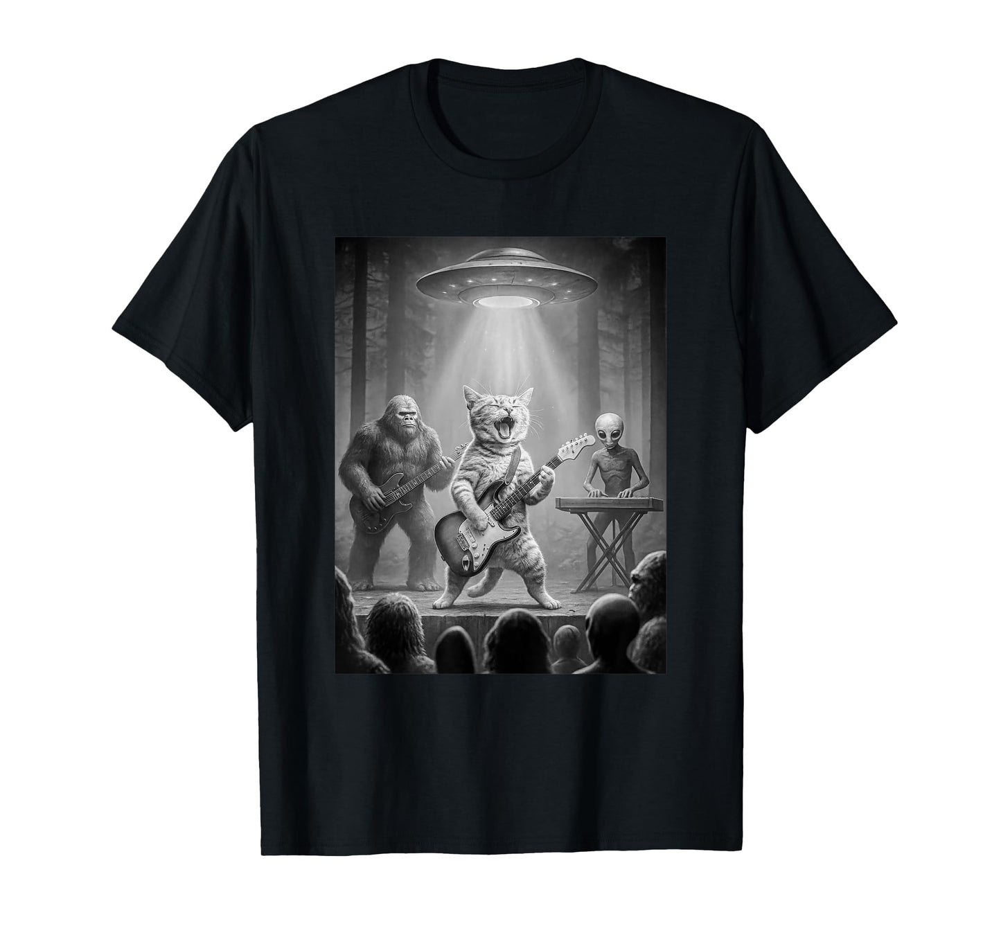 Cat Playing Guitar Bigfoot Alien Rock Star UFO Graphic Men T-Shirt