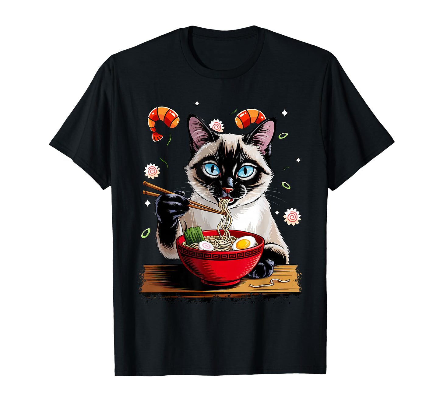 Funny Cat Eating Ramen Kawaii Siamese Anime Graphic T-Shirt