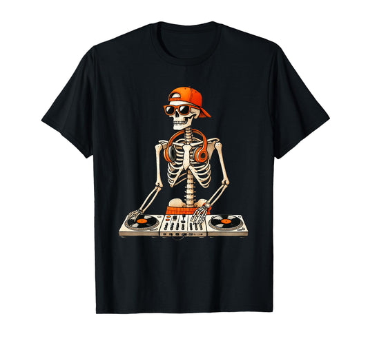 Skeleton DJ Halloween Costume Turntable Music Funny Men Boys T-Shirt