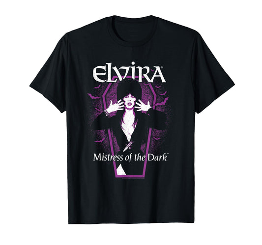 Elvira, Mistress of The Dark Purple Bats and Coffin T-Shirt
