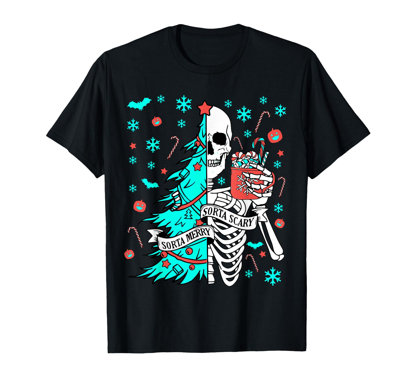 Sorta Merry Sorta Scary Funny Christmas Skeleton Tree Santa T-Shirt