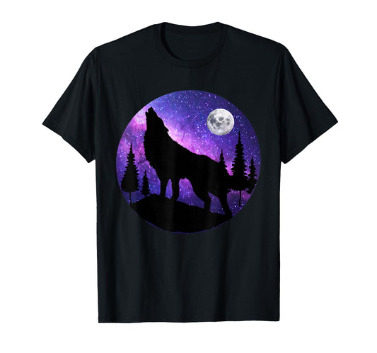 Howling Wolf Under The Full Moon With Purple Galaxy Sky T-Shirt