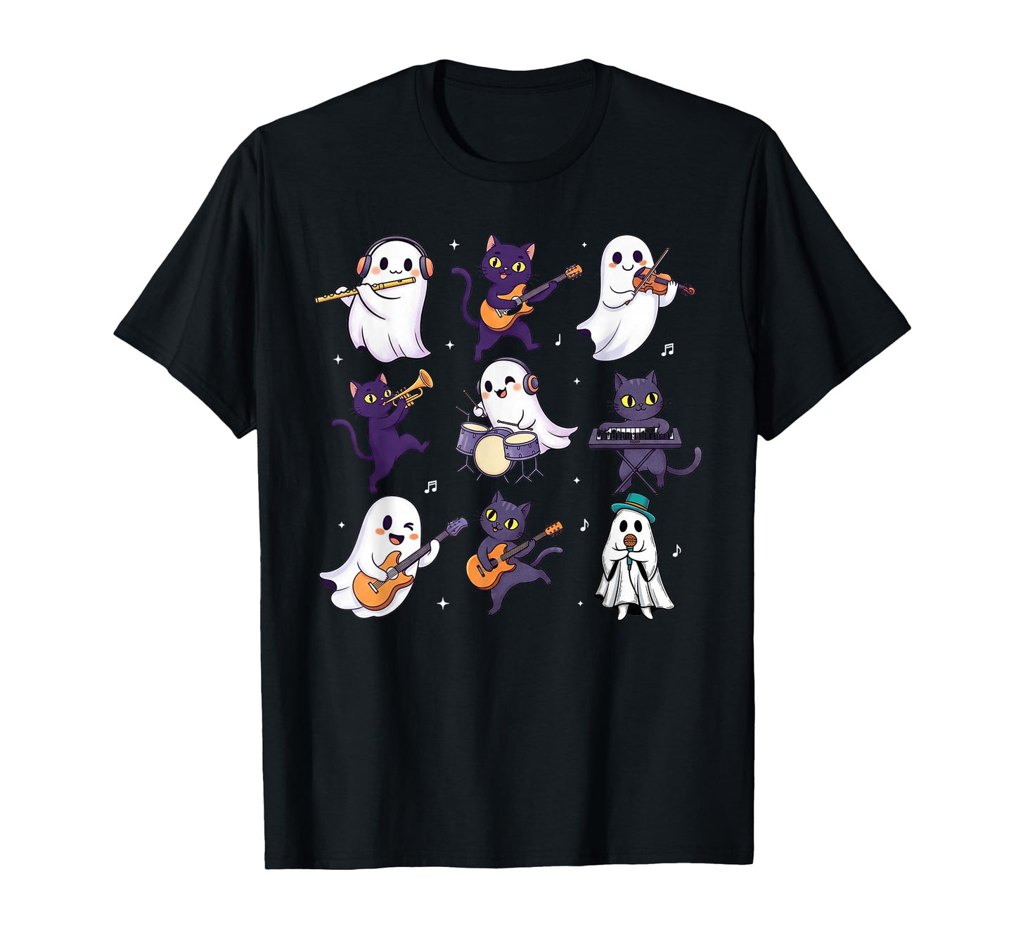 Cute Ghost Cat Playing Musical Halloween Music Teacher T-Shirt