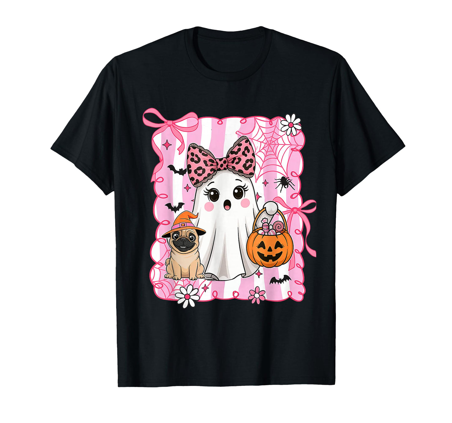 Preppy Spooky Vibes Pink Ghost Dog Halloween Women Girls T-Shirt