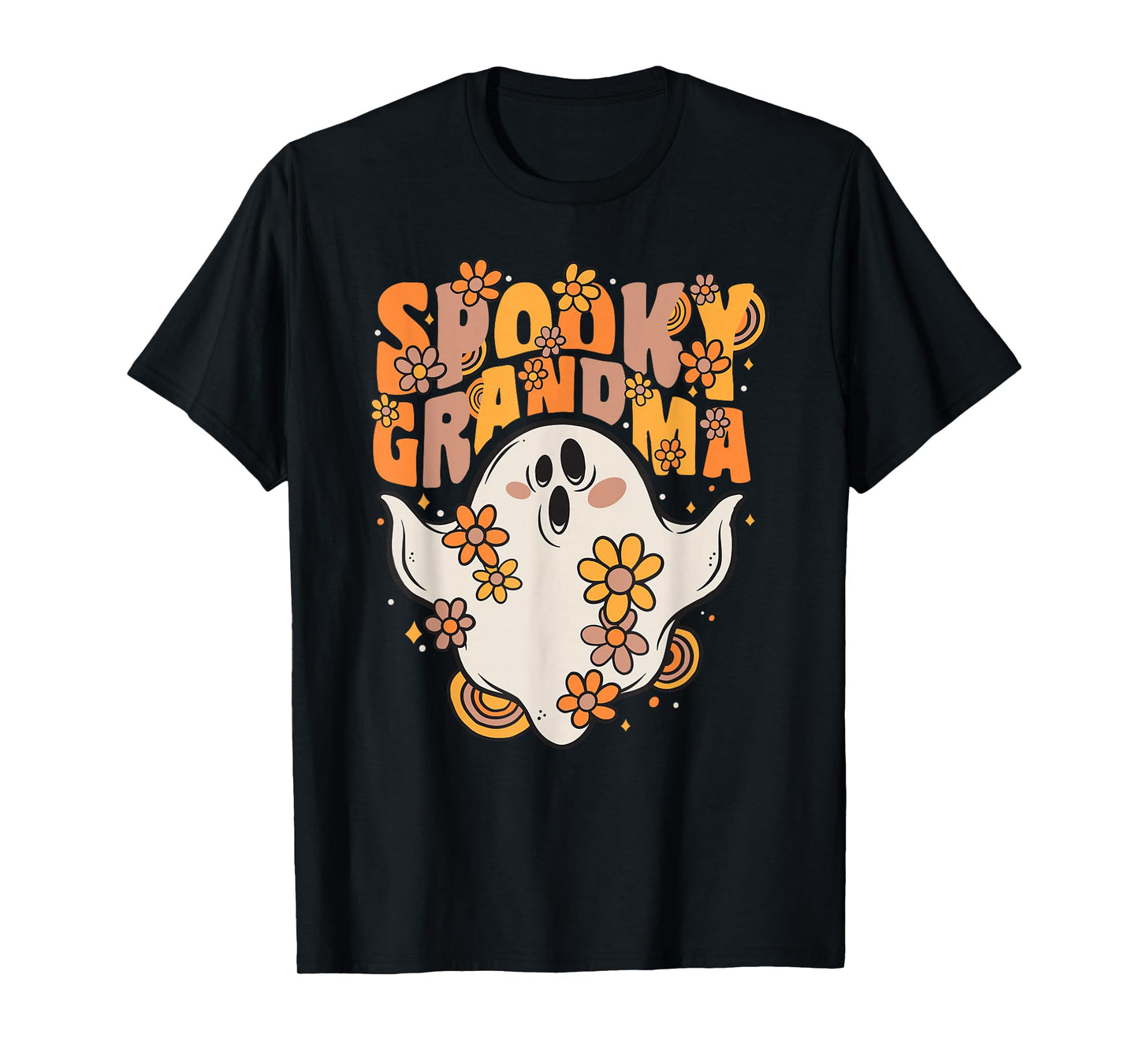 Spooky Grandma Groovy Ghost With Vintage Flowers Halloween T-Shirt