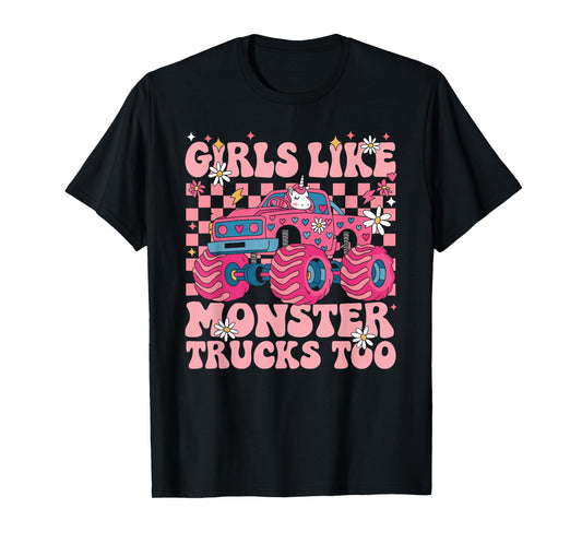 Funny Girls Like Monster Trucks Too Pink Monster Truck Girls T-Shirt