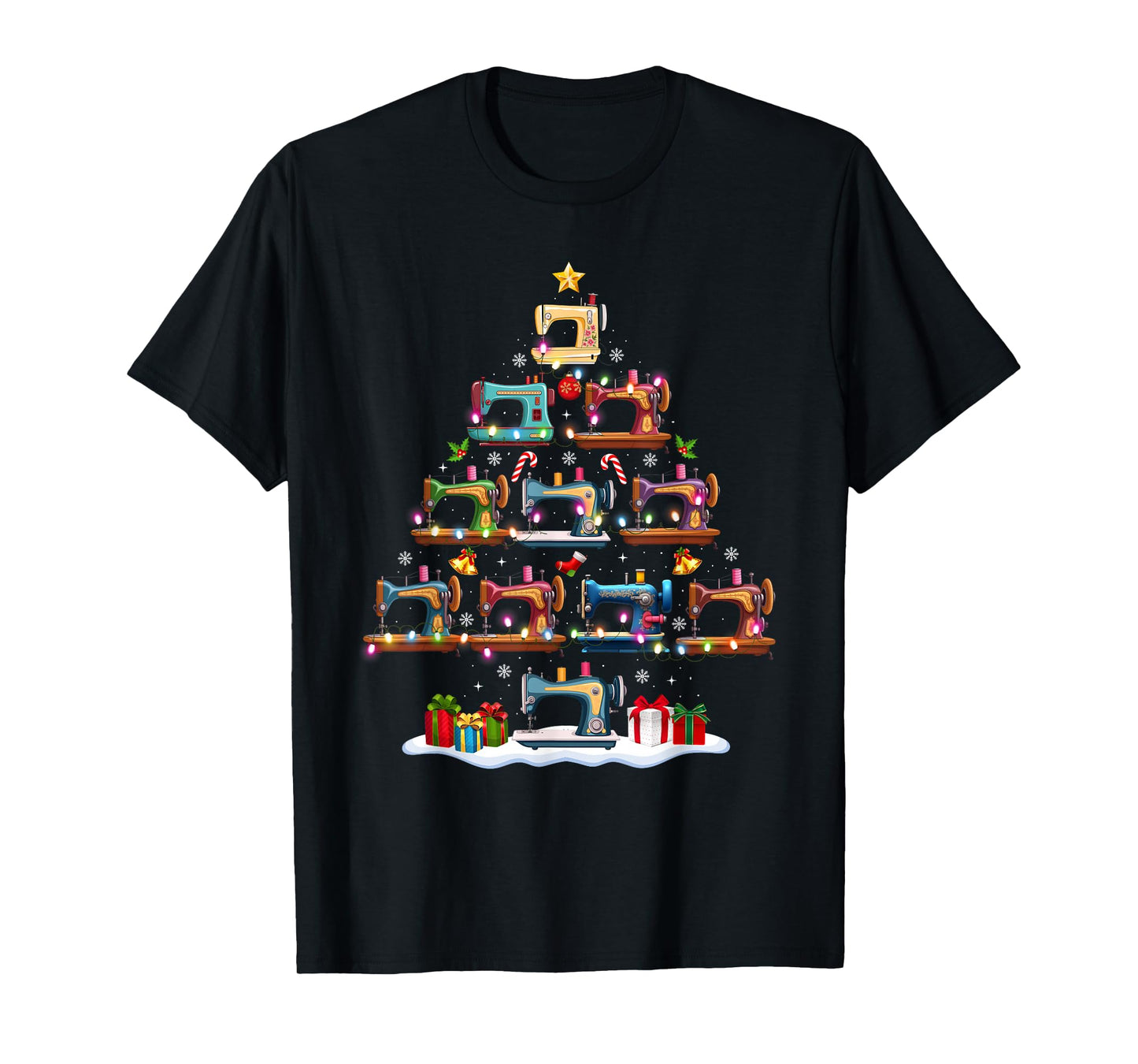 Sewing Machine Christmas Tree Lights Santa Hat Xmas Pajamas T-Shirt