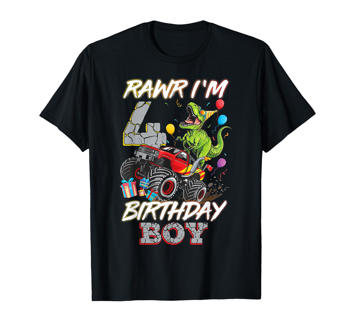 4th Birthday Boy Monster Truck Dinosaur Rawr I'm 4 Year Old T-Shirt
