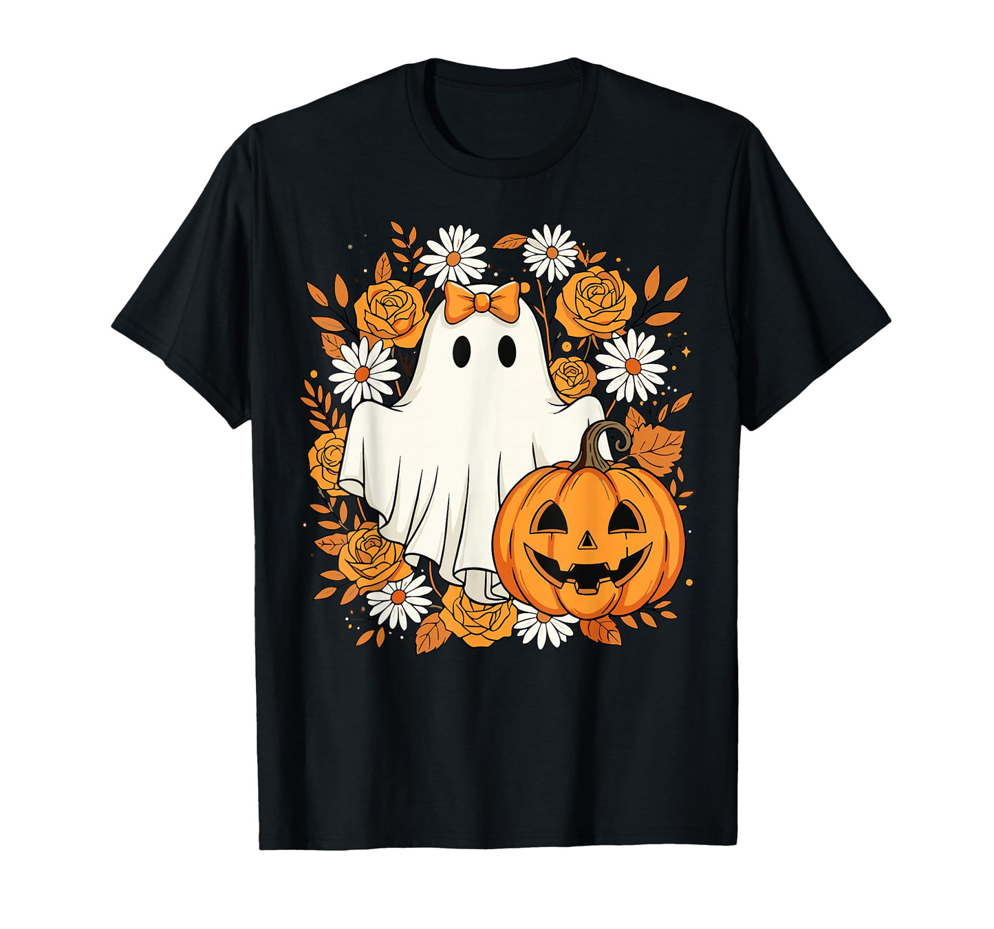 Cute Ghost Pumpkin Floral Halloween T-Shirt