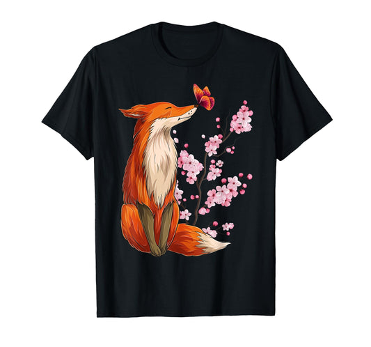 Japanese Fox Cherry Blossom Flower Sakura Trees Kawaii T-Shirt