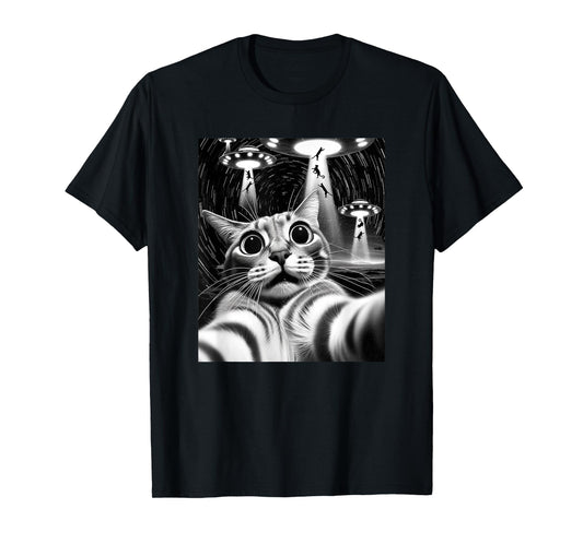 Cat UFO Invasion | Funny Cat Meme Retro Alien Cat UFO Selfie T-Shirt
