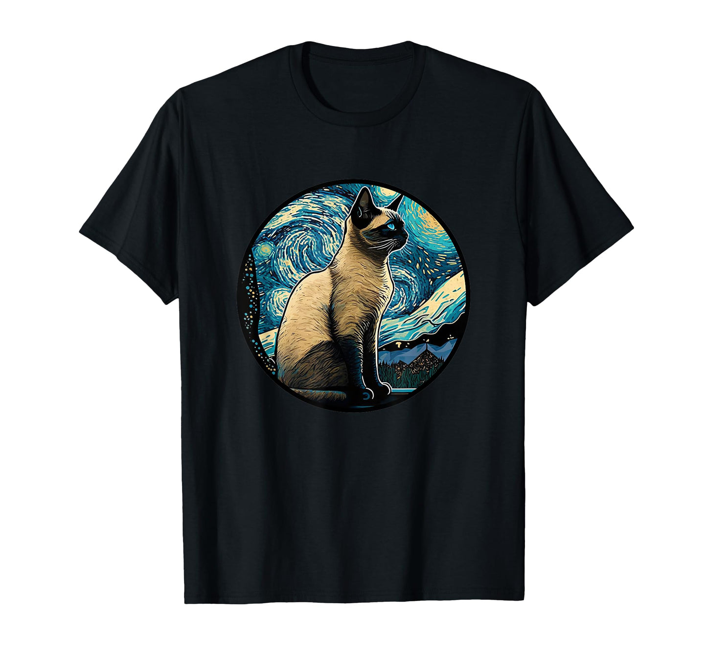 Siamese Cat in Starry Night Painting Men Women Kids T-Shirt