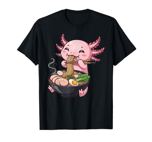 Funny Axolotl Eating Ramen Graphic Tee Japanese Kawaii Anime T-Shirt