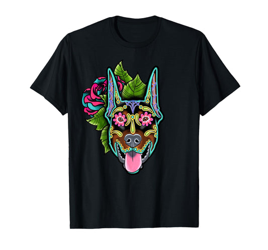 Doberman Pinscher Cropped Ear - Day of the Dead Sugar Skull T-Shirt