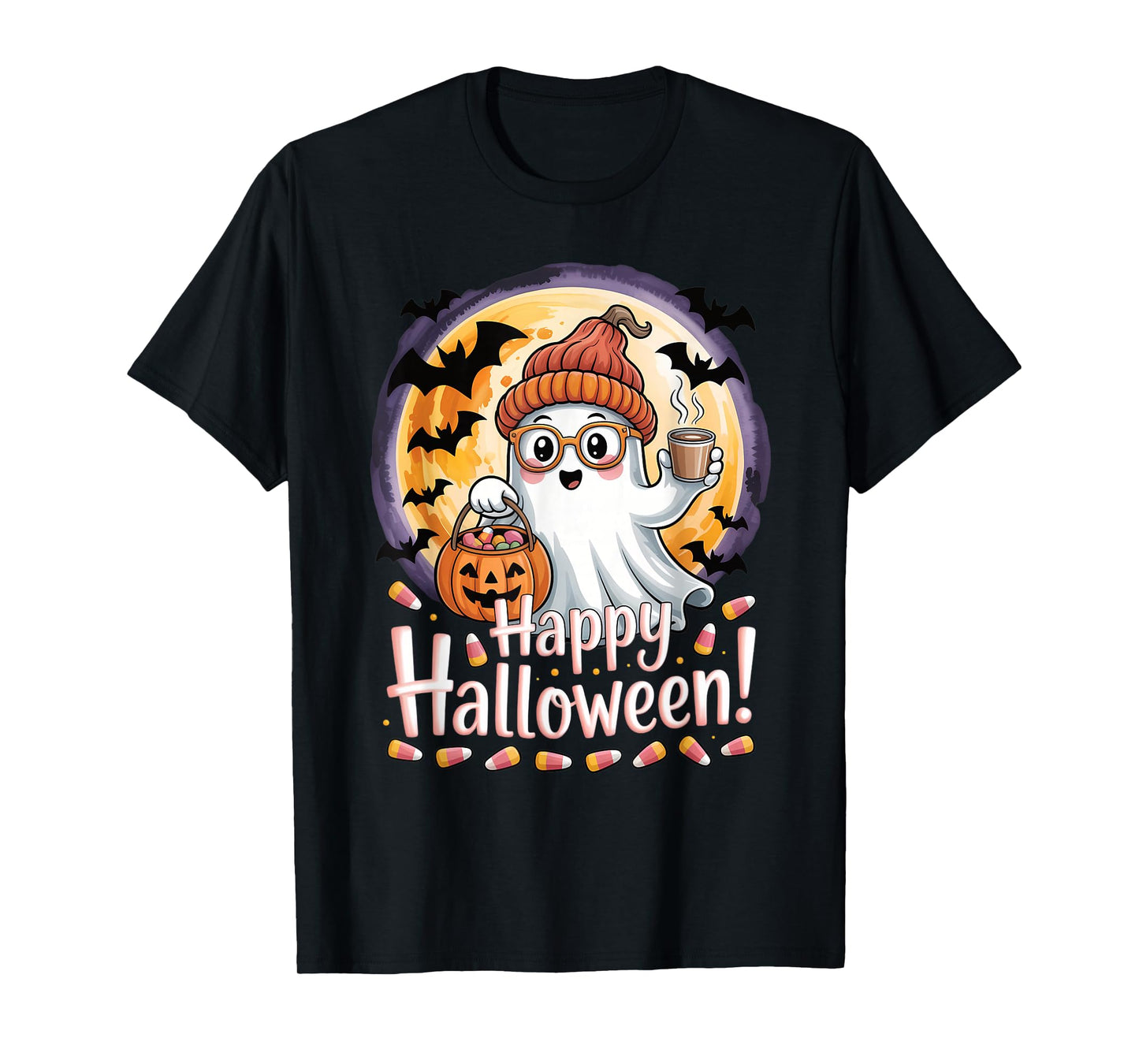 Halloween Cute Ghost Pumpkin Bats Moon Girls Kids Women T-Shirt