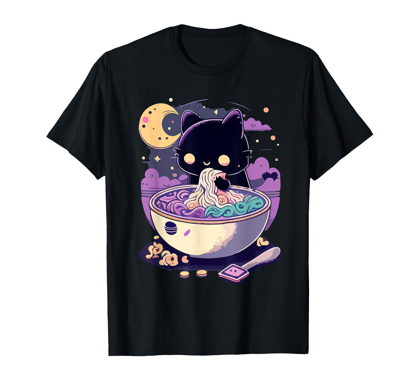 Creepy Kawaii Cat Eating Ramen Noodles Pastel Goth Aesthetic T-Shirt