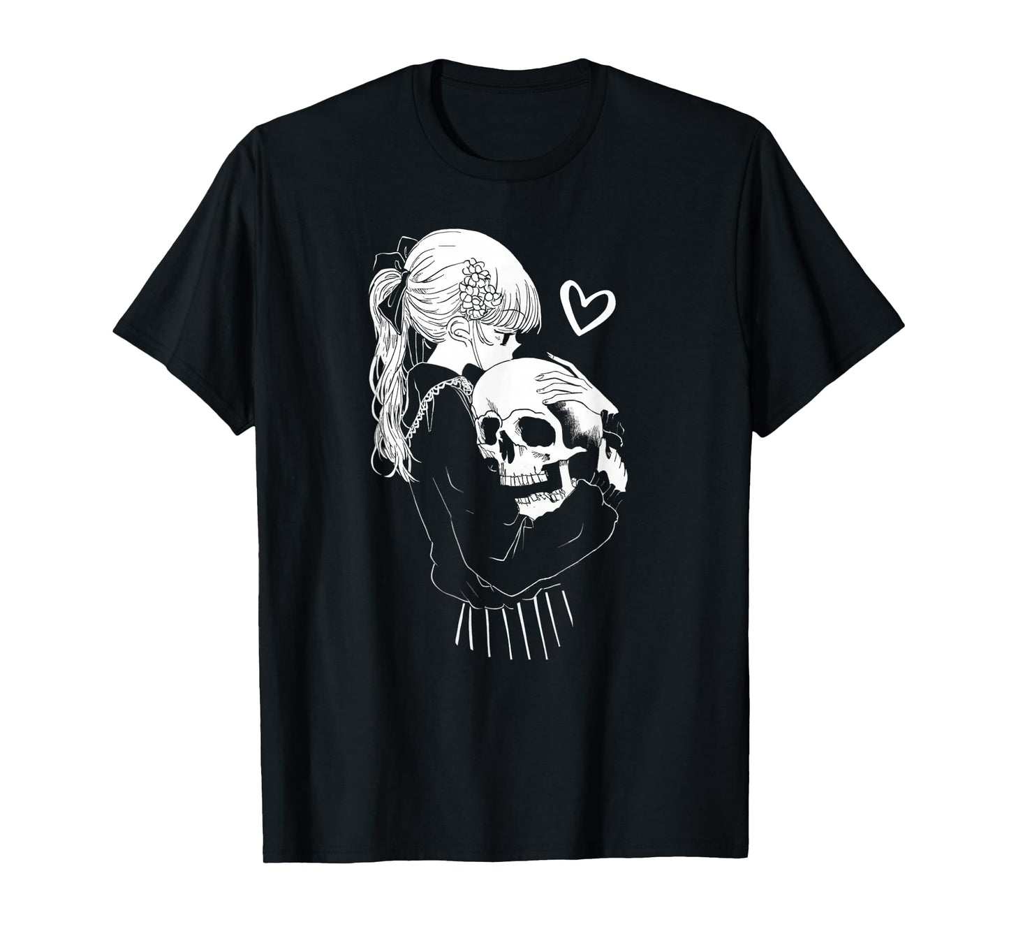 Creepy Cute Anime Schoolgirl Cuddles Skeleton Skull Dark Art T-Shirt