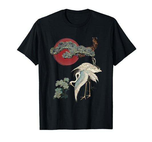 Japanese Crane and Pine Tree Art Elegant Traditional Design T-Shirt