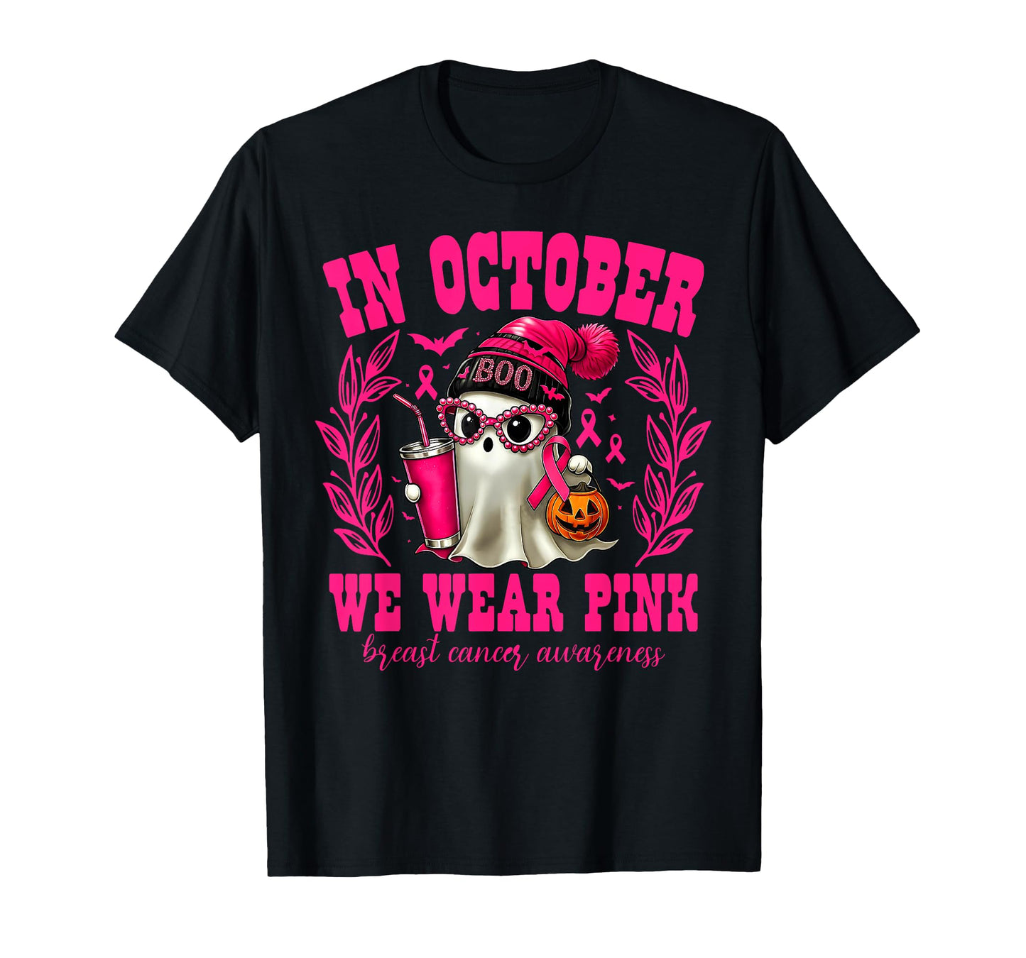 in October We Wear Pink Ghost Beanie Halloween Breast Cancer T-Shirt