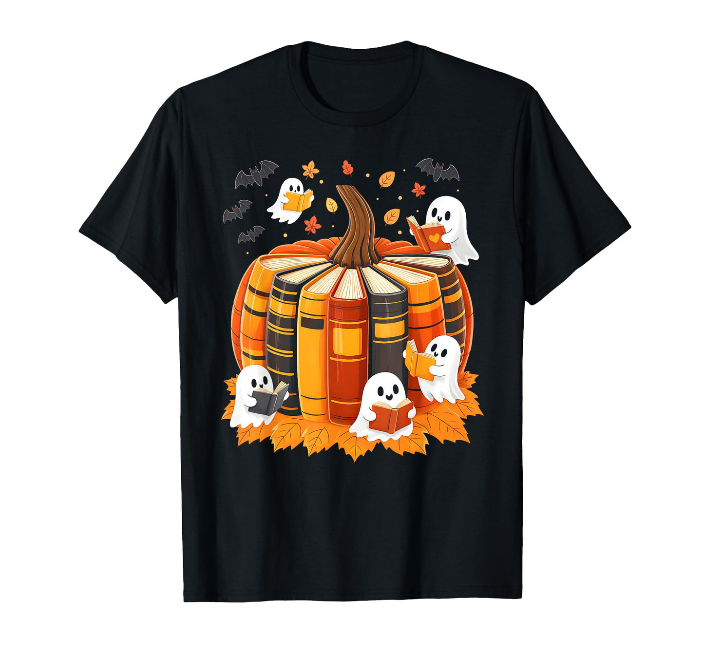 Ghost Reading Book Lovers Fall Pumpkin Autumn Halloween T-Shirt