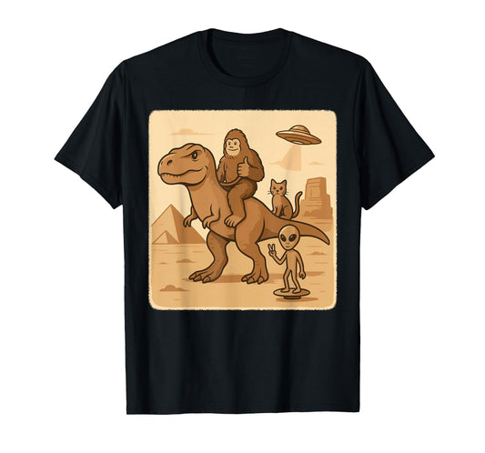 Bigfoot Riding T Rex with Alien Cat UFO Desert Scene T-Shirt