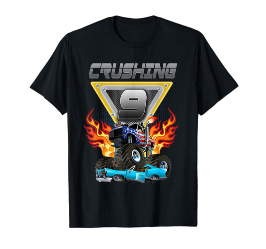 Monster Truck Crushing 9 - Nine Year Old Kid Birthday T-Shirt