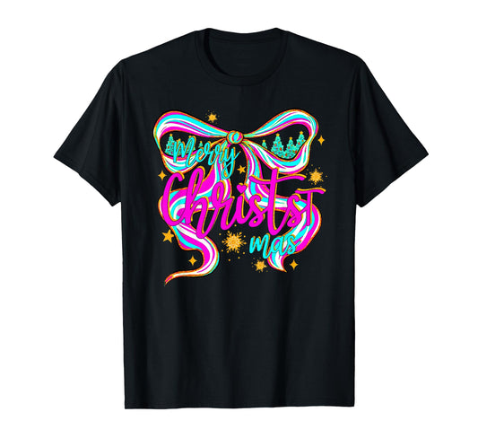 Preppy Merry Christmas Coquette Bow Pink Xmas Tree Girl T-Shirt
