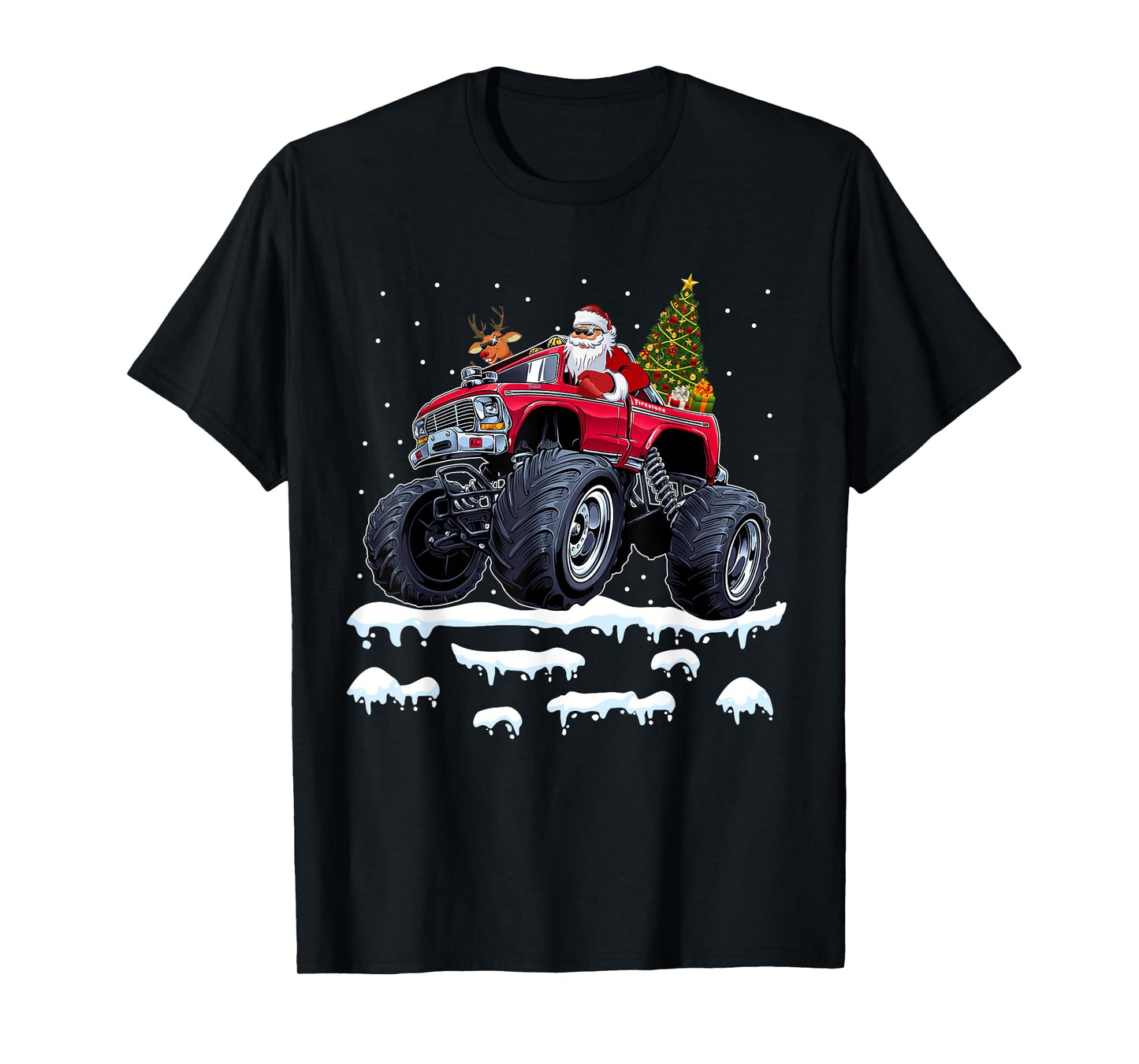 Reindeer Santa Riding Monster Truck Christmas Tree Men Boy T-Shirt