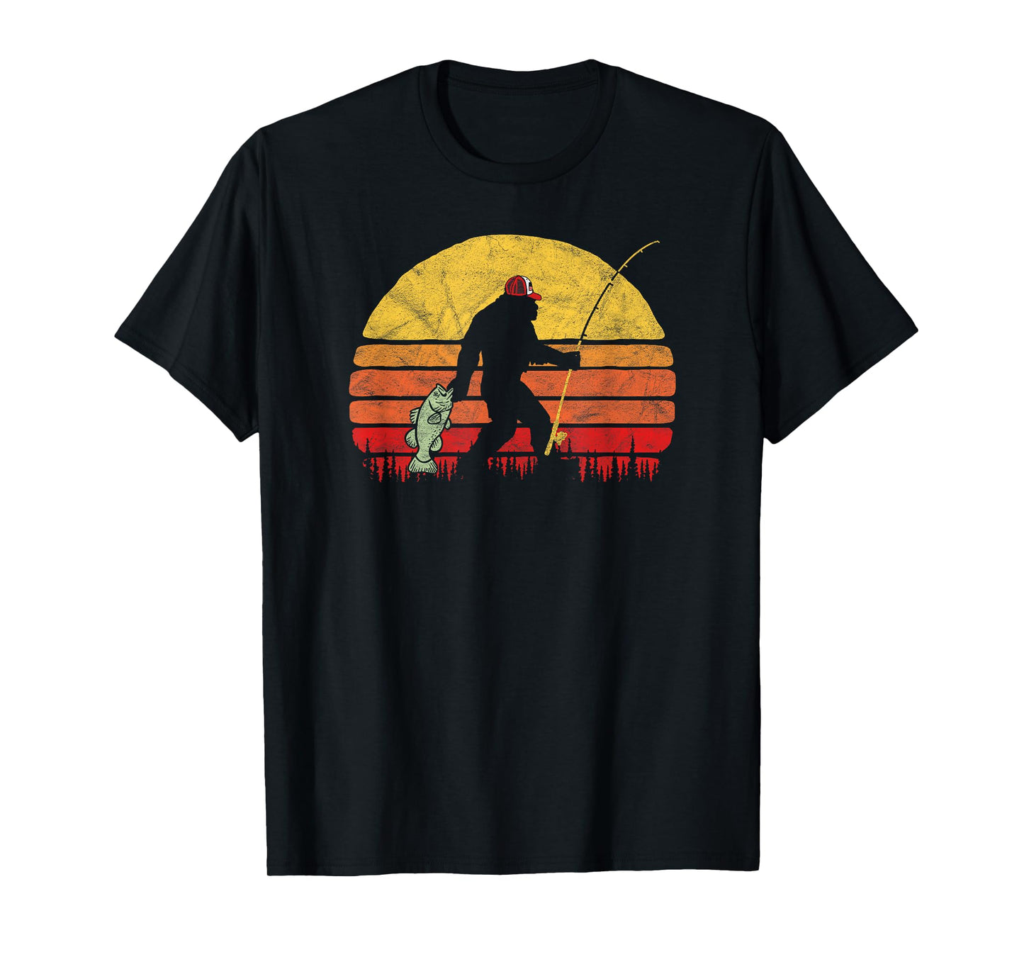 Bass Fishing Funny Bigfoot in Trucker Hat Retro Graphic T-Shirt