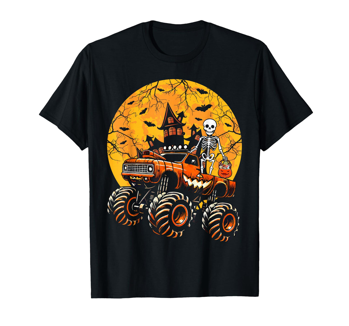 Halloween Skeleton Riding Monster Truck Pumpkin Boys Kids T-Shirt