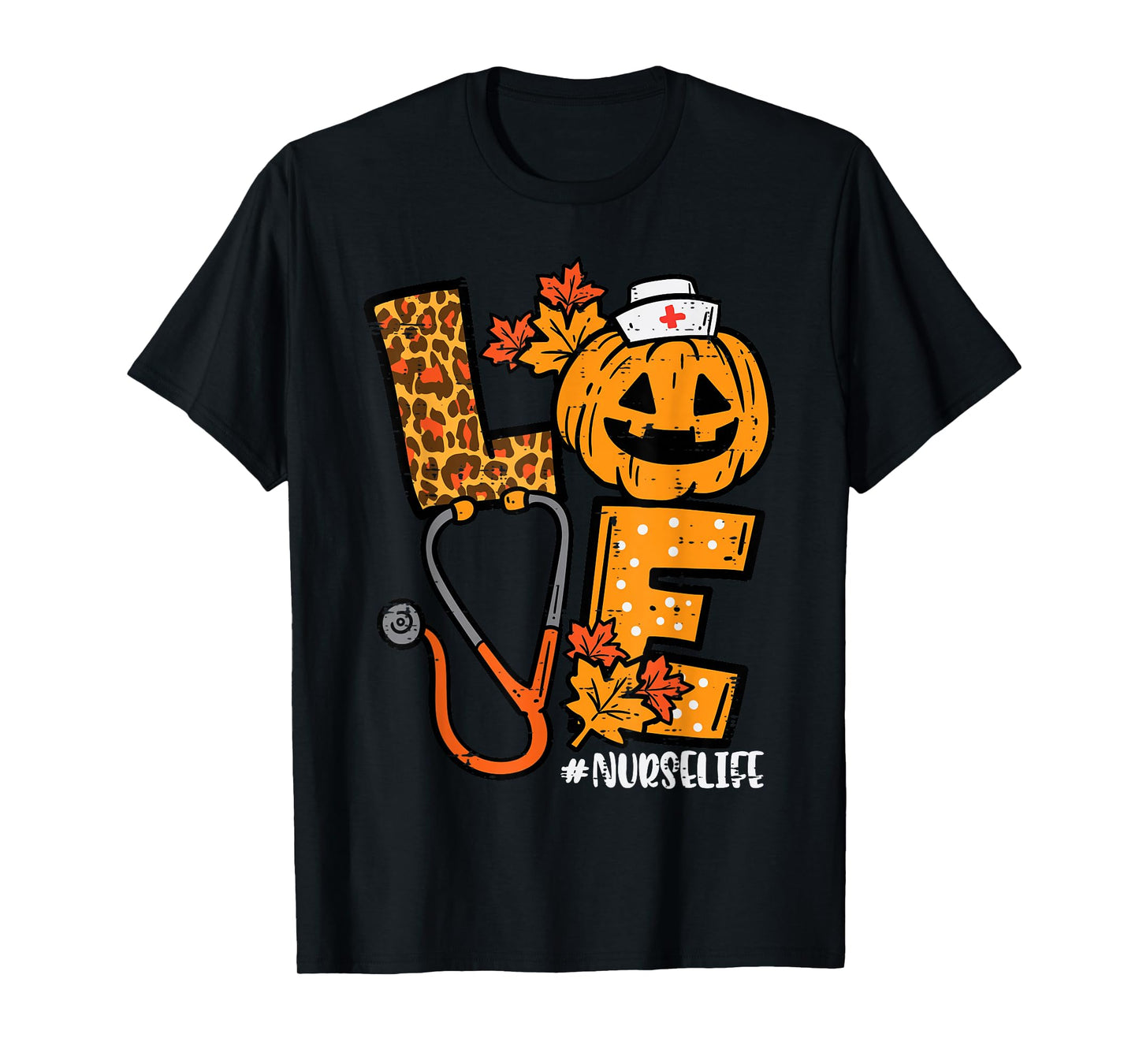Leopard Pumpkin Nurse Halloween Costume Fall Scrub Top Women T-Shirt