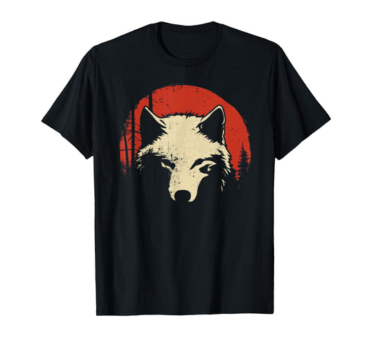 Wolf Graphic Tee Red Moon Wildlife Animal Wolf Japanese T-Shirt