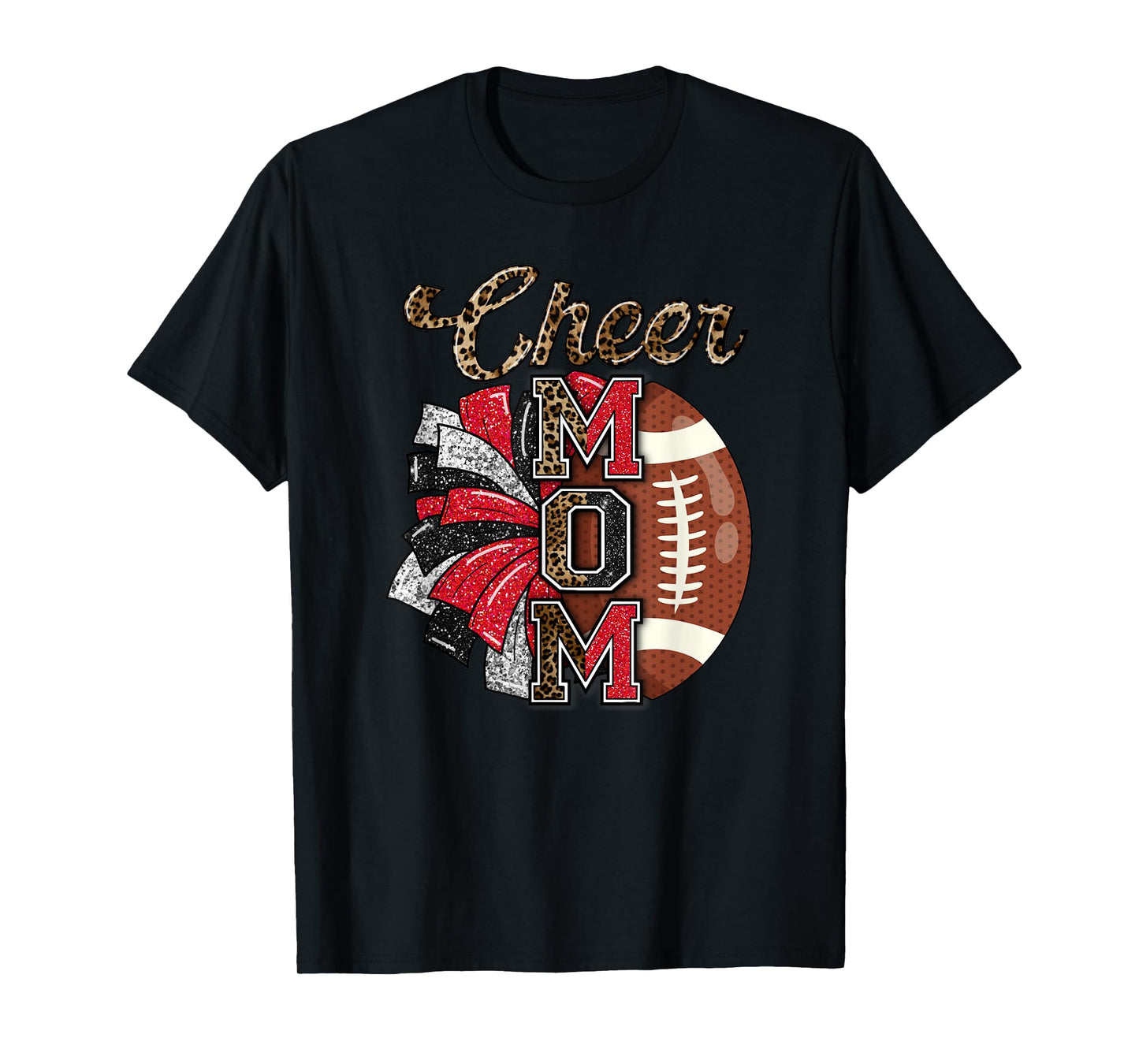 Football Cheer Mom Red Black Pom Leopard T-Shirt