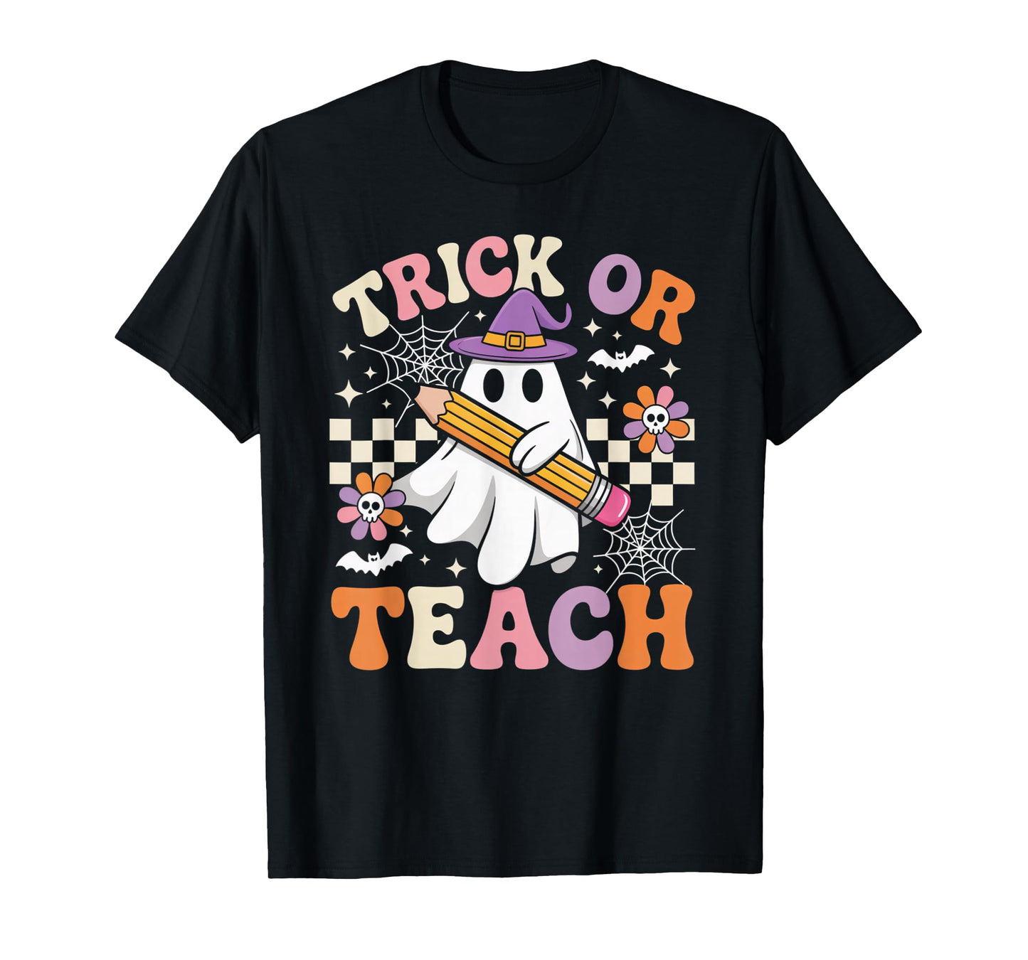 Trick Or Teach Groovy Teacher Halloween Retro Ghost Gifts T-Shirt