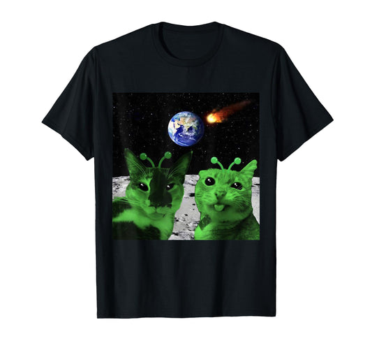 Cat Meme Alien Green Cat Selfie UFO Funny Space Kitty Gift T-Shirt
