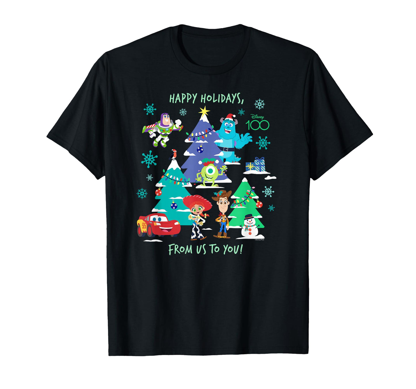 Disney 100 and Pixar Christmas Happy Holidays from Us to You T-Shirt