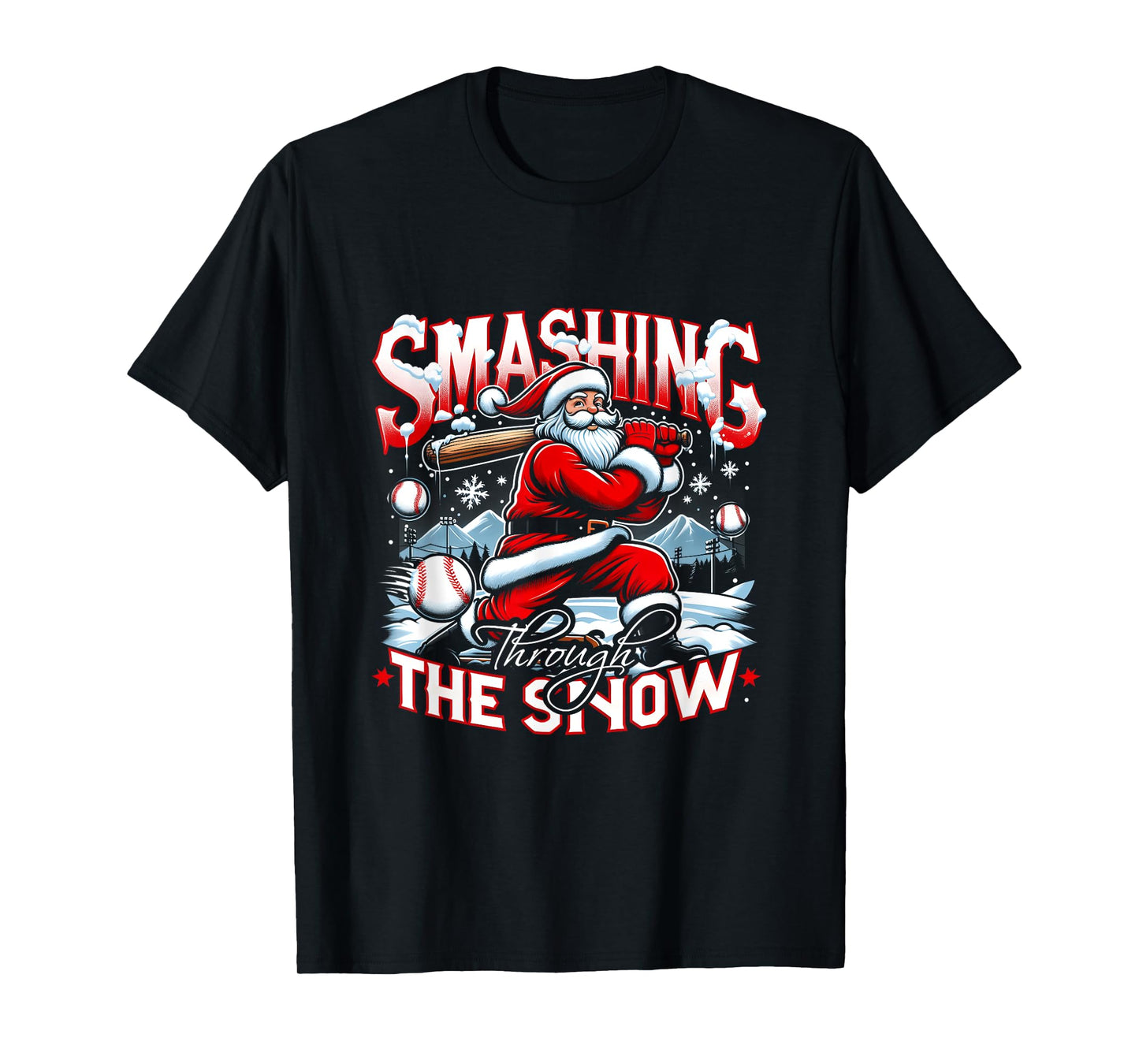 Baseball Player Christmas Santa Smashing Through Snow T-Shirt