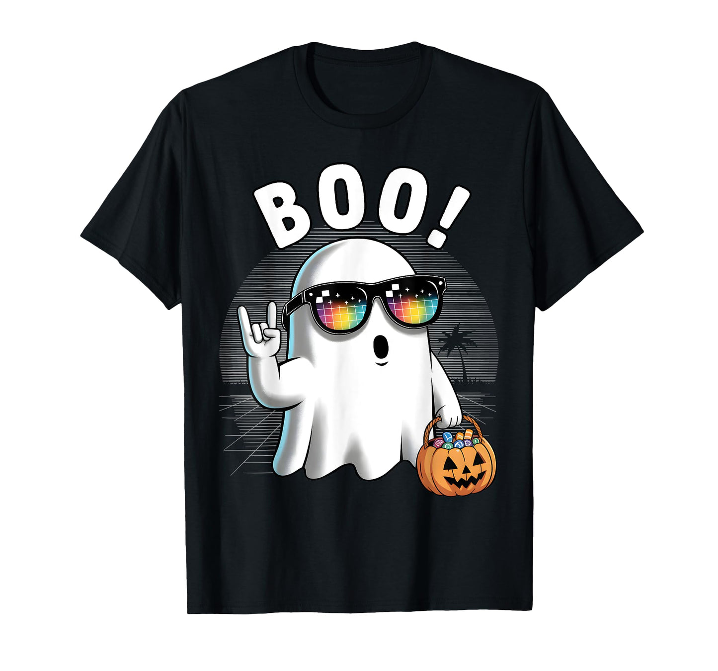 Retro Halloween Pumpkin Boo Ghost Costume Rock T-Shirt